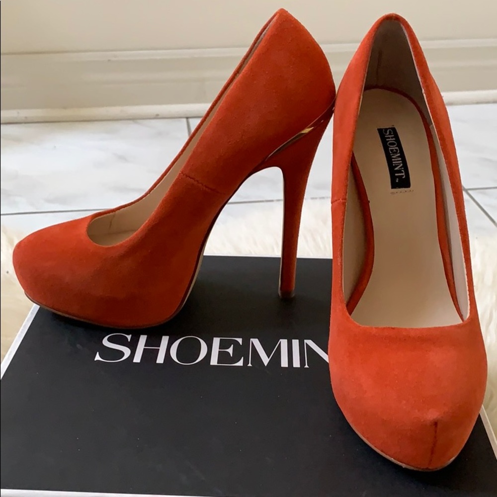 Orange suede platform heels